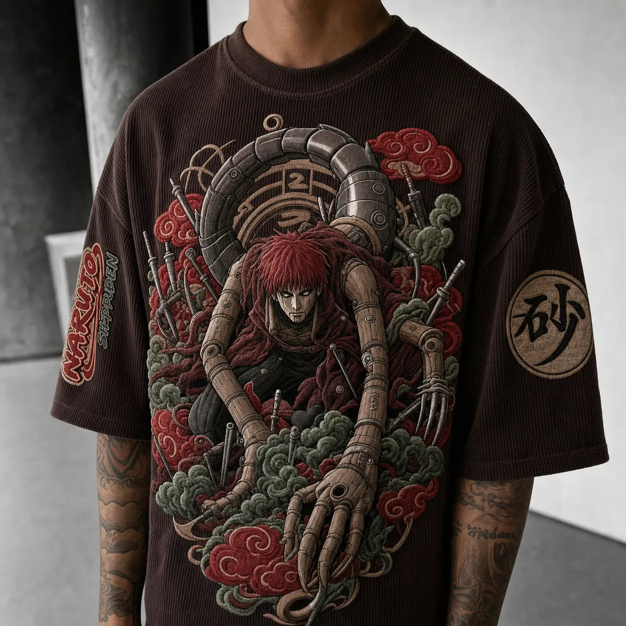 Unisex Oversized Anime-Print Vertical-Stripe Short-Sleeve T-Shirt