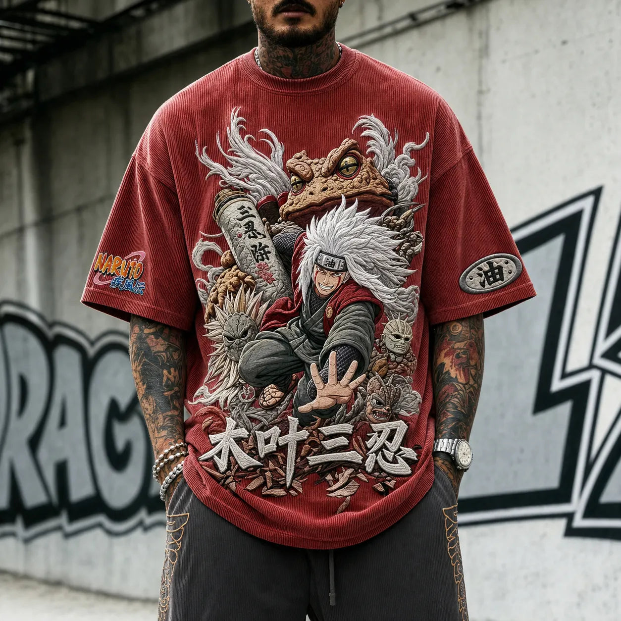Unisex Oversized Anime-Print Vertical-Stripe Short-Sleeve T-Shirt