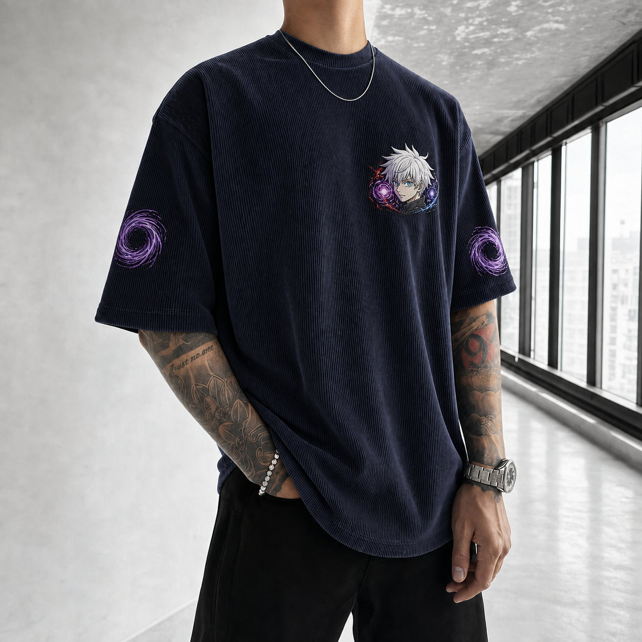 Unisex Anime Print Short-Sleeve Corduroy T-Shirt