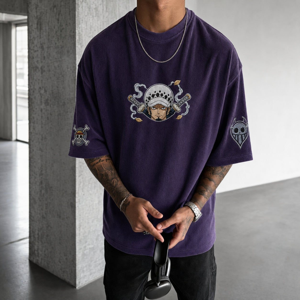 Unisex Anime-Style Retro Corduroy Oversized T-Shirt