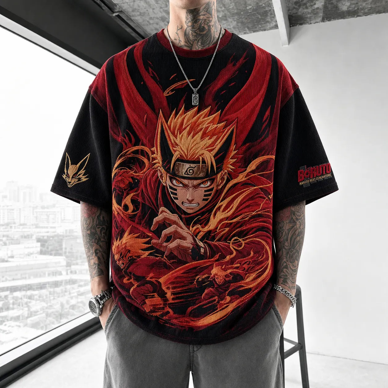 Unisex Oversized Anime-Print Vertical-Stripe Short-Sleeve T-Shirt