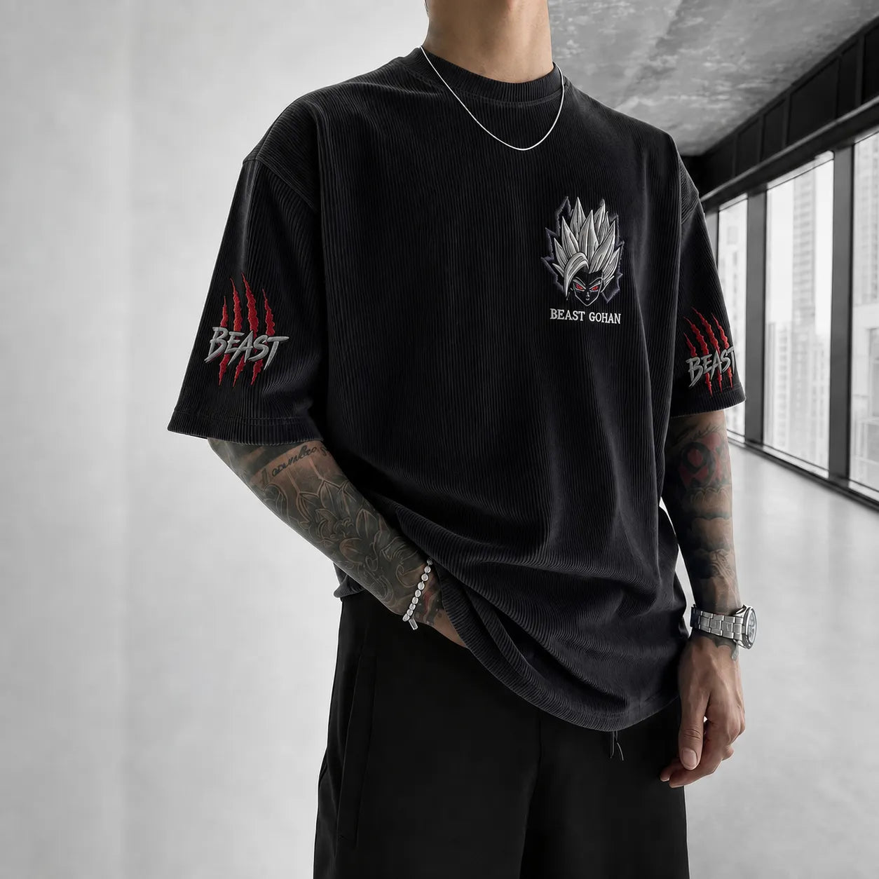 Unisex Short-Sleeve Corduroy T-Shirt With Anime Print