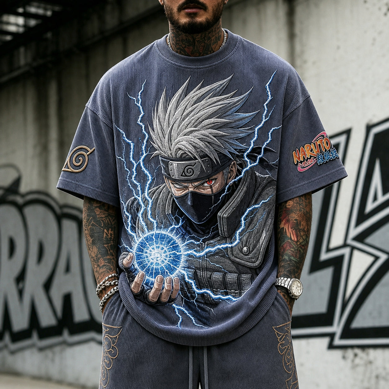 Unisex Oversized Anime-Print Vertical-Stripe Short-Sleeve T-Shirt