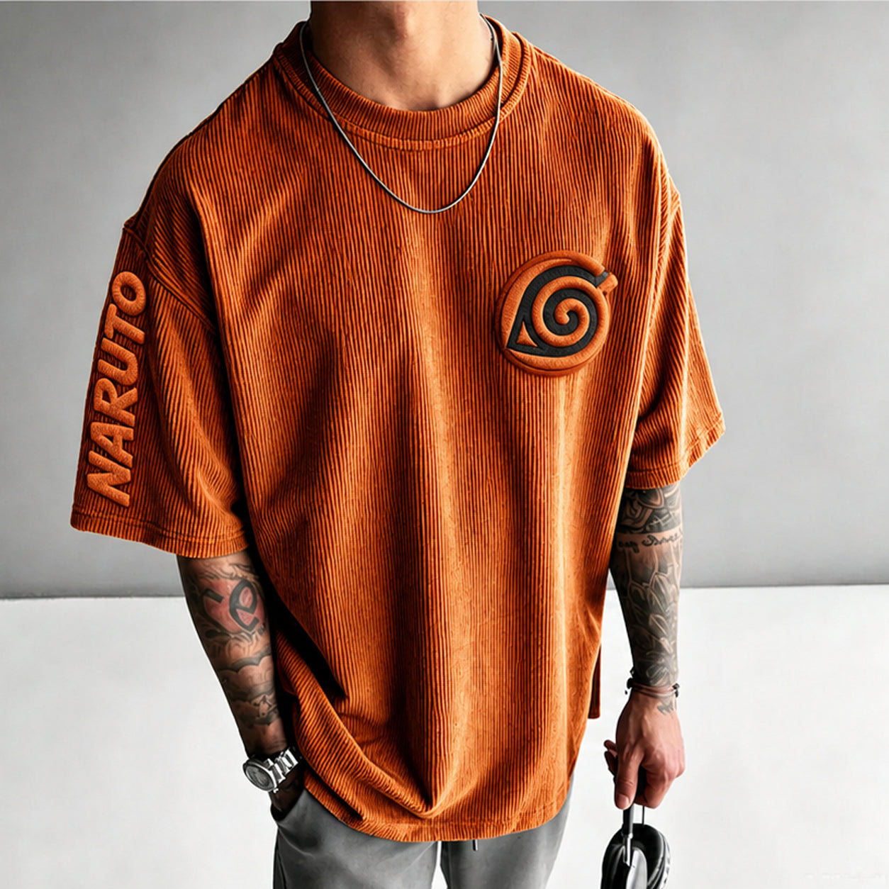 Unisex Anime-Style Retro Corduroy Oversized T-Shirt