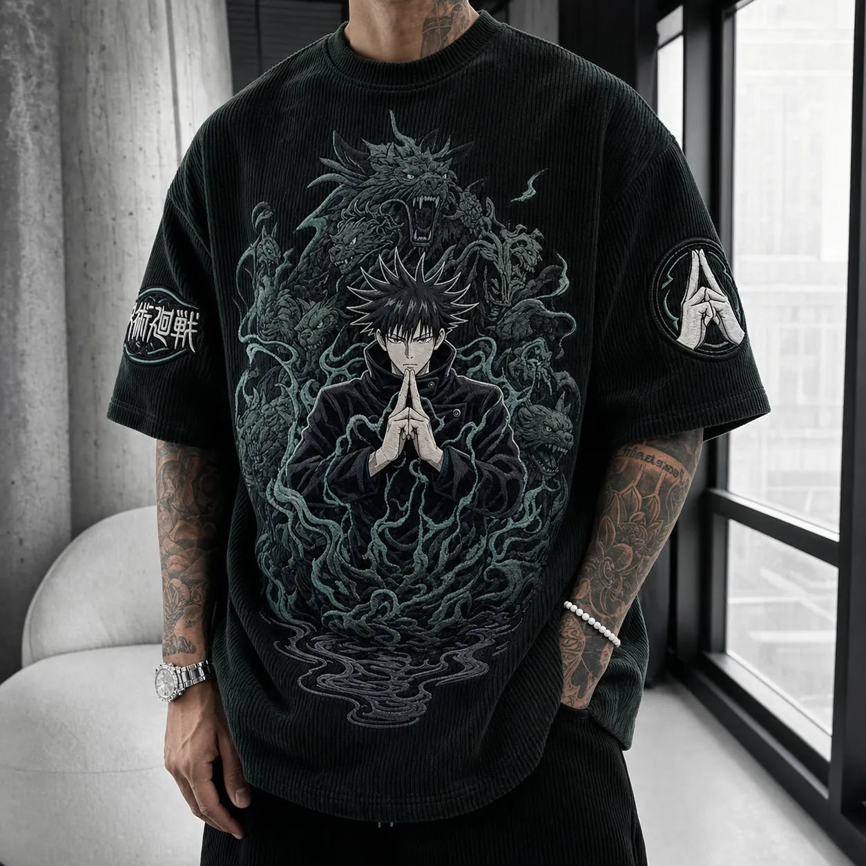 Unisex Anime Print Short-Sleeve Corduroy T-Shirt