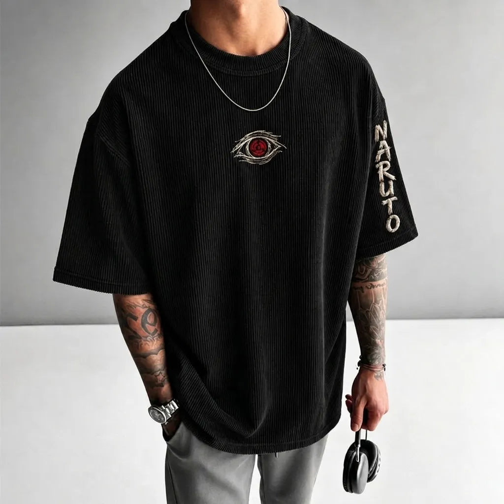 Unisex Anime-Style Retro Corduroy Oversized T-Shirt