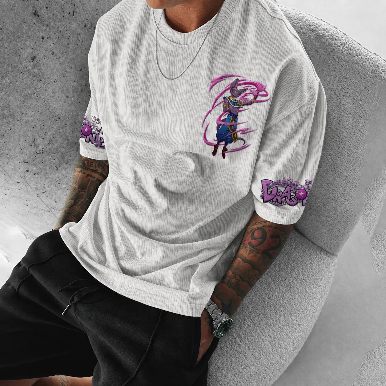 Dragon Ball Z Beerus Graphic Print Short Sleeve T-Shirt – Premium Cotton Blend, Oversized Fit, Vibrant Back Print & Sleeve Logo Design