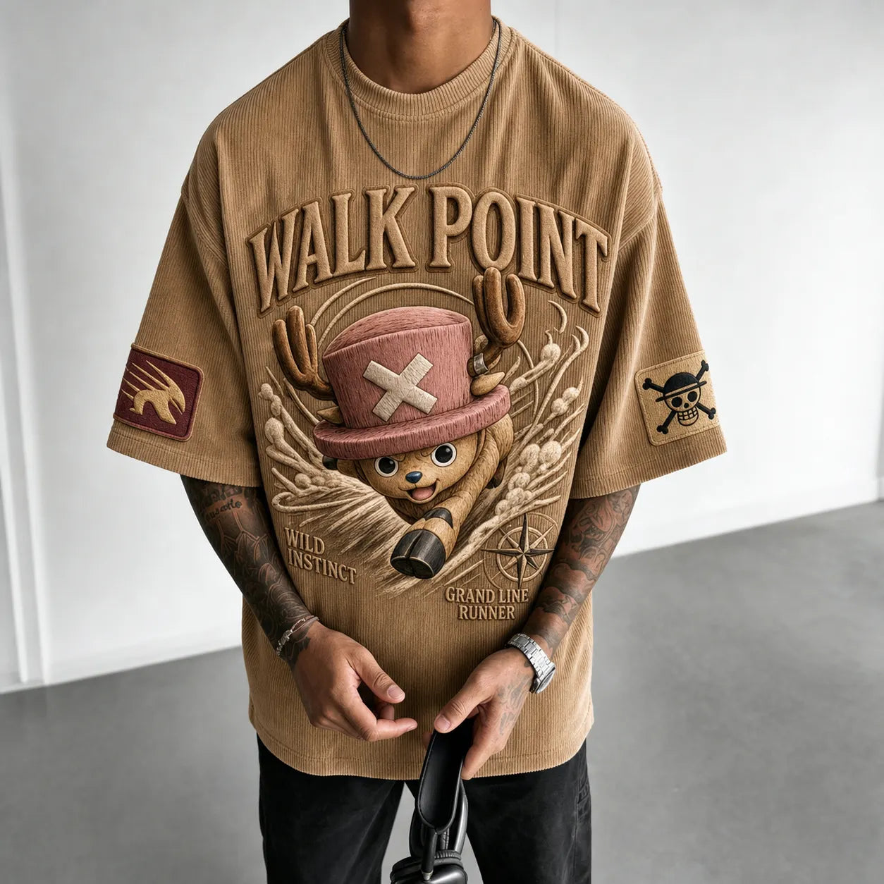 Unisex Short-Sleeve Corduroy T-Shirt With Anime Print