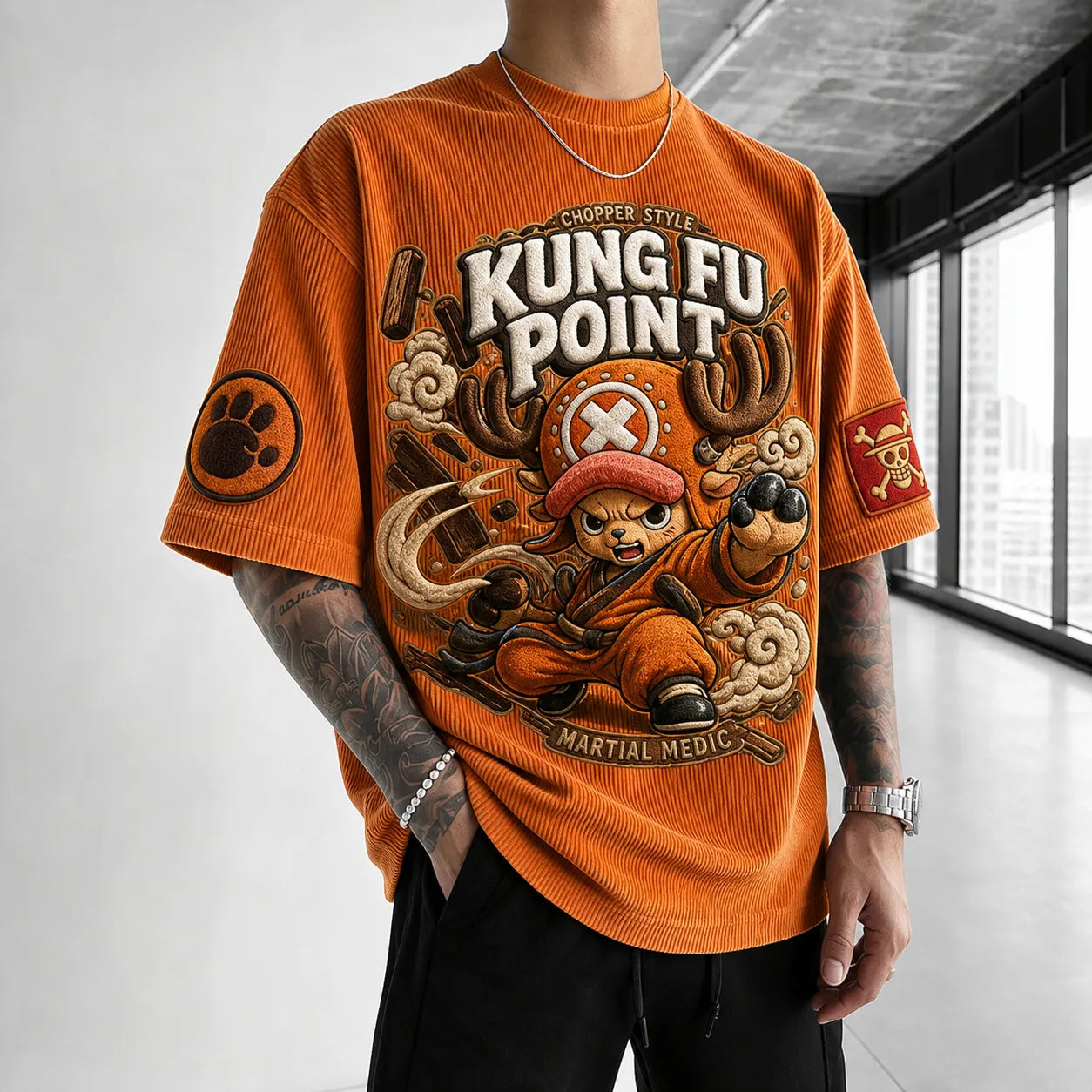 Unisex Short-Sleeve Corduroy T-Shirt With Anime Print
