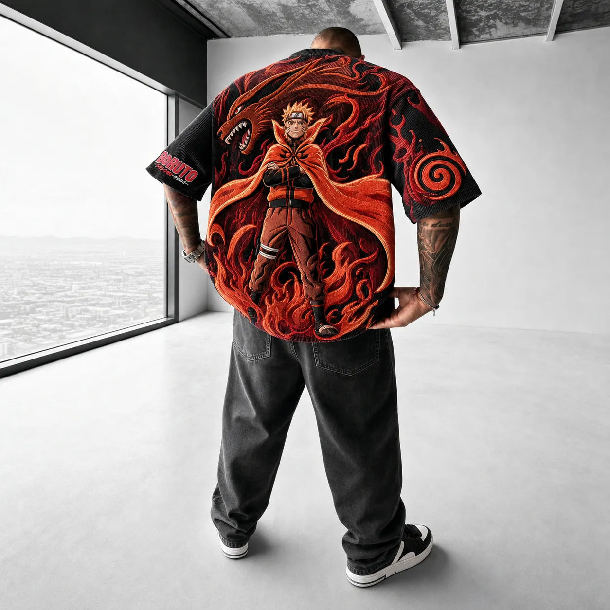 Unisex Oversized Anime-Print Vertical-Stripe Short-Sleeve T-Shirt