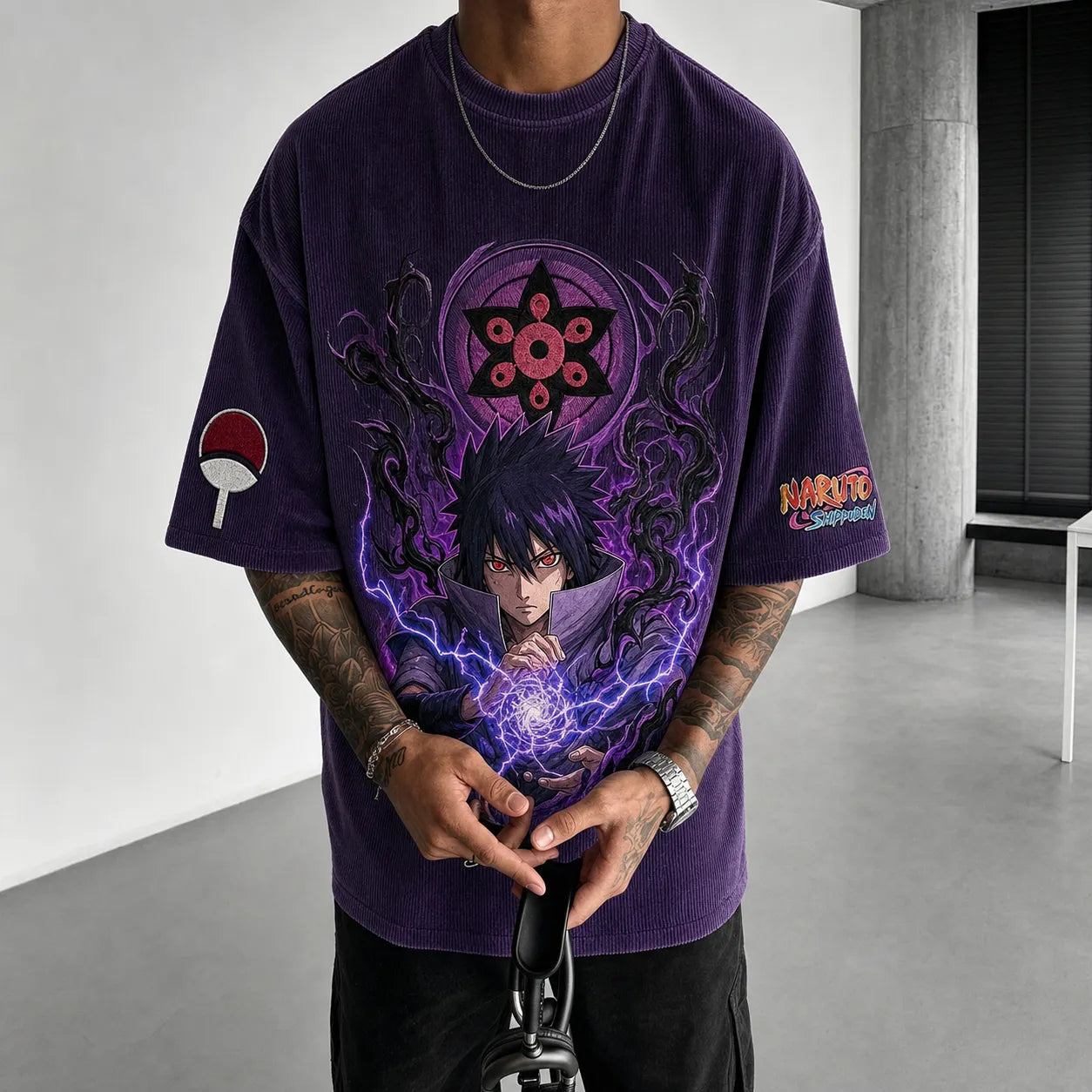 Unisex Oversized Anime-Print Vertical-Stripe Short-Sleeve T-Shirt