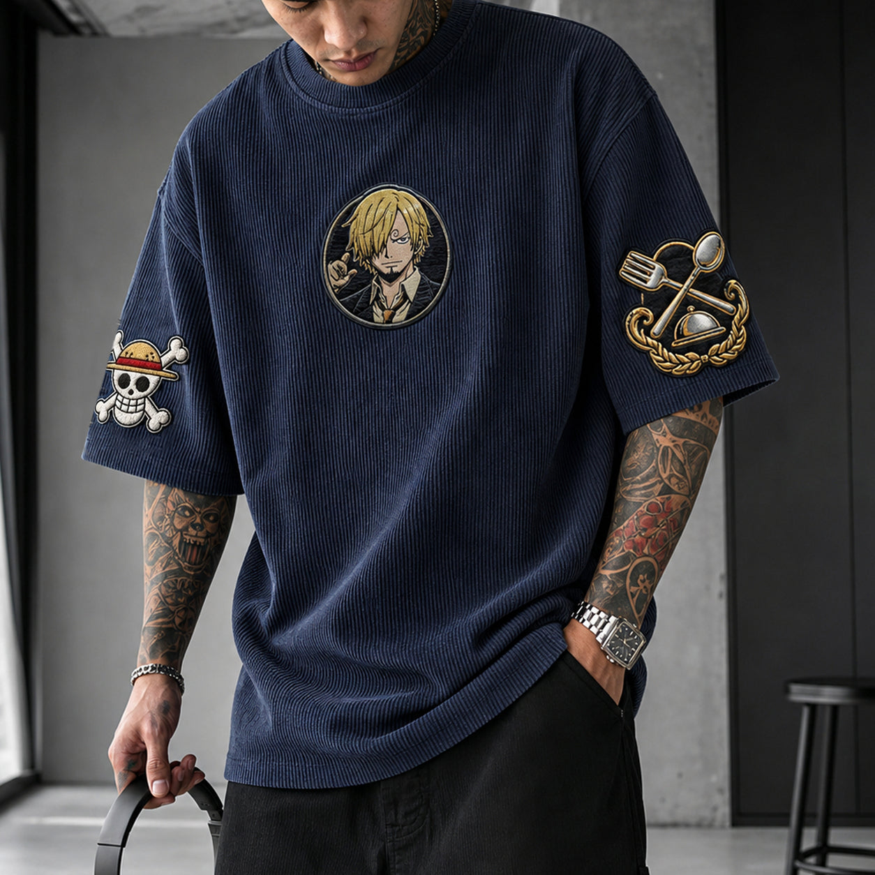 Premium Cotton-Blend Corduroy T-Shirt with Anime Character Embroidery – Oversized Short Sleeve Graphic Tee for Streetwear Style