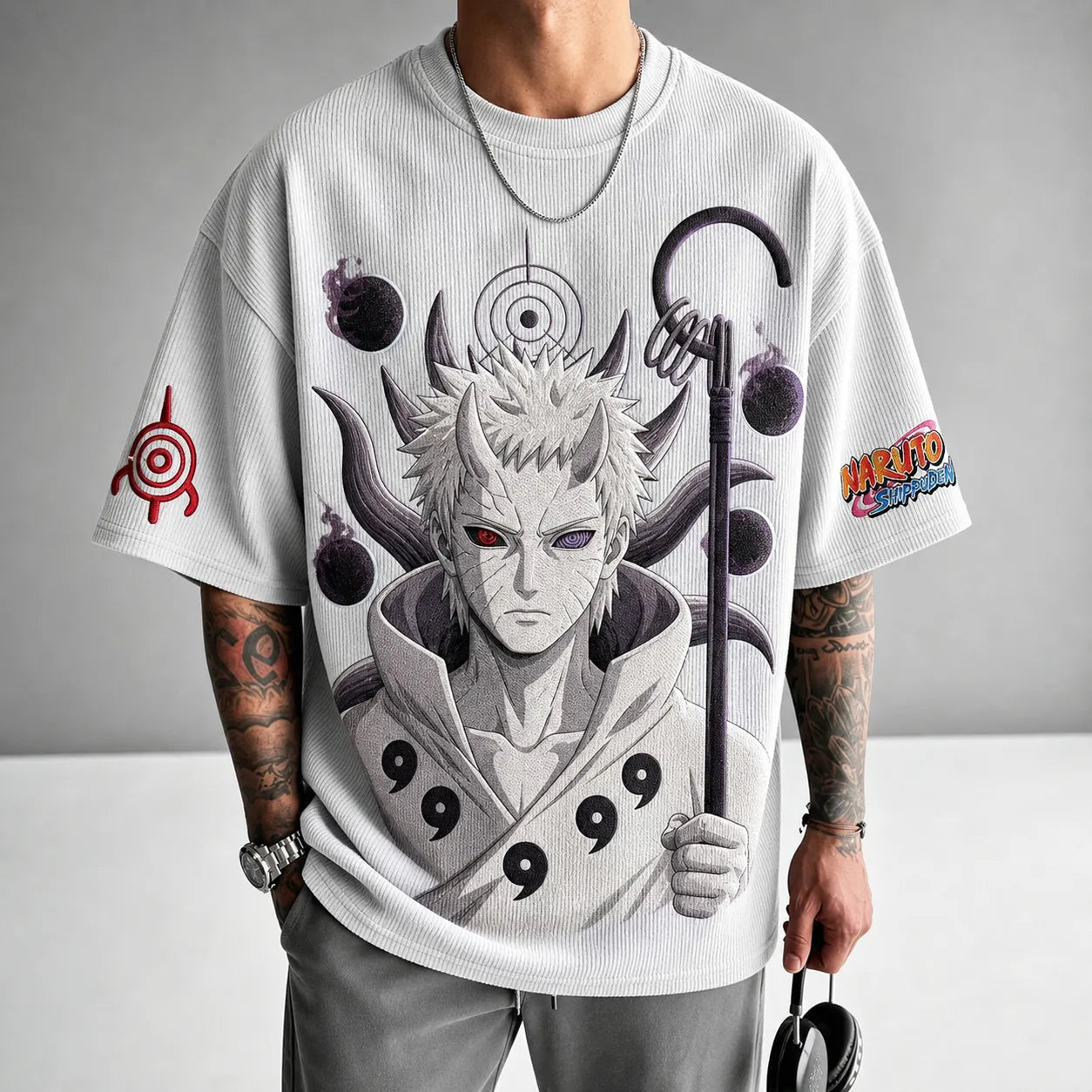 Unisex Oversized Anime-Print Vertical-Stripe Short-Sleeve T-Shirt