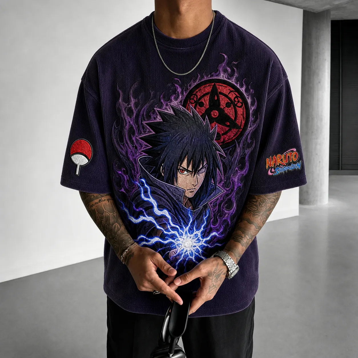 Unisex Oversized Anime-Print Vertical-Stripe Short-Sleeve T-Shirt