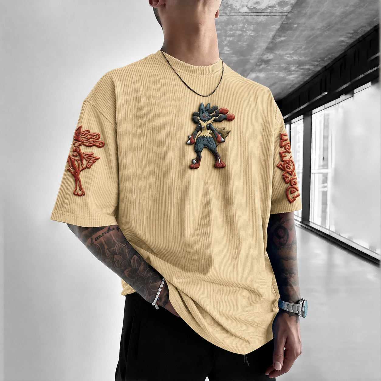 Unisex Anime-Style Retro Corduroy Oversized T-Shirt