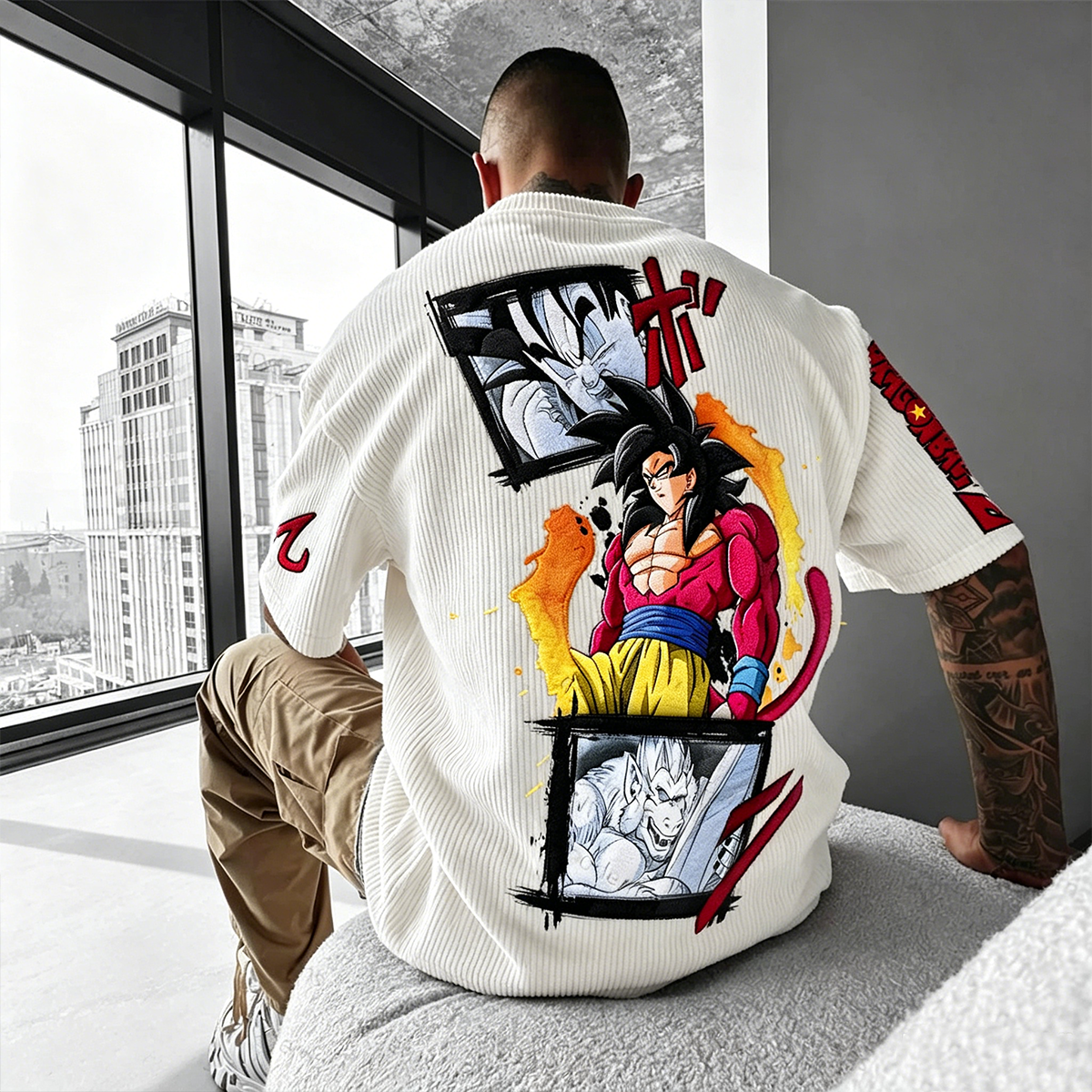 Anime-Inspired Vintage Waffle Knit T-Shirt
