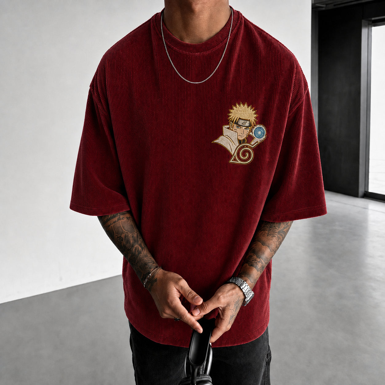 Unisex Oversized Anime-Print Vertical-Stripe Short-Sleeve T-Shirt