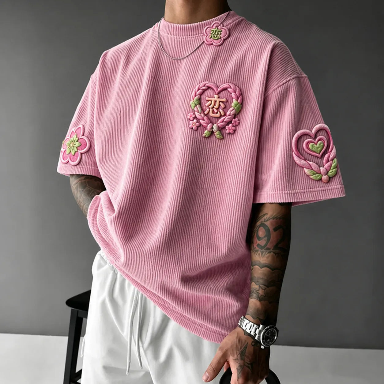 Unisex Anime-Style Retro Corduroy Oversized T-Shirt
