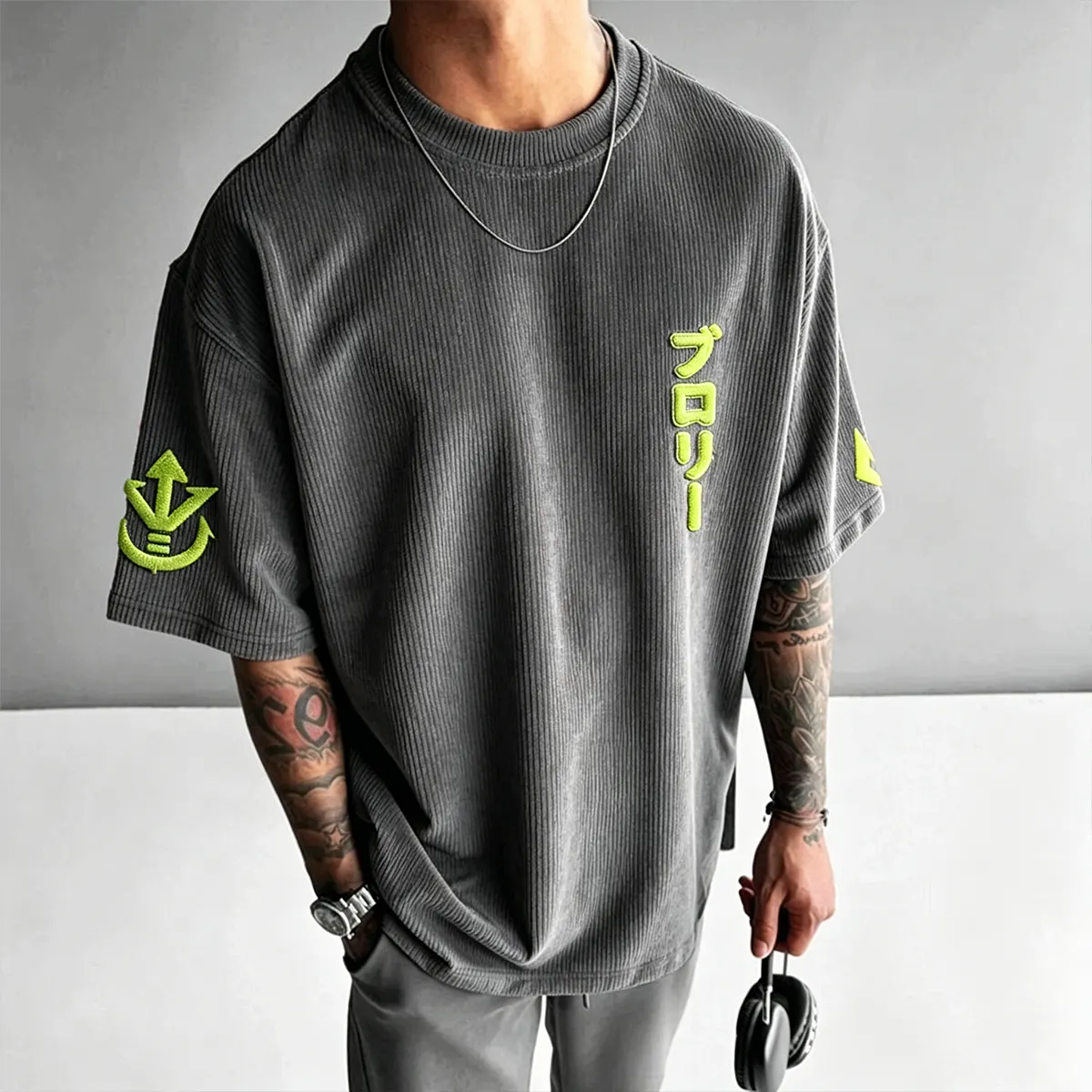 Anime-Inspired Vintage Waffle Knit T-Shirt