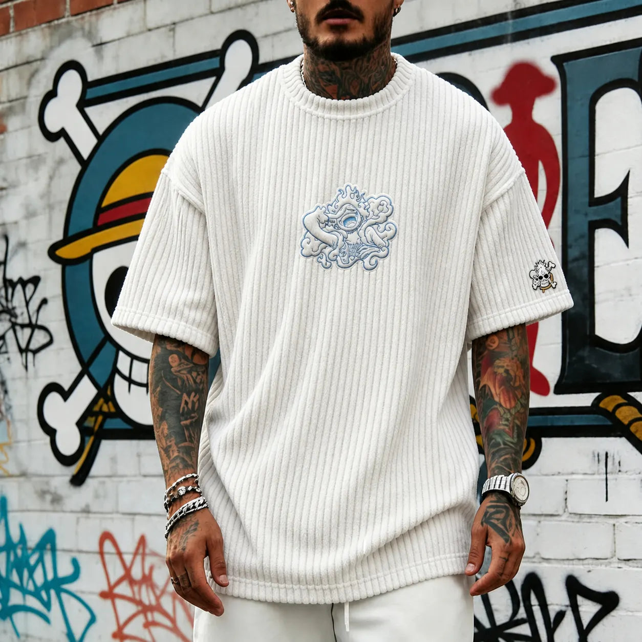 Unisex Anime-Style Retro Corduroy Oversized T-Shirt