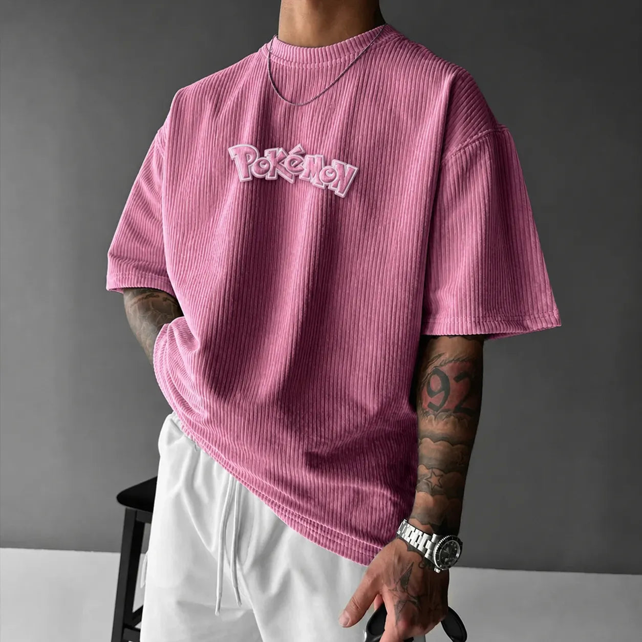 Unisex Anime-Style Retro Corduroy Oversized T-Shirt