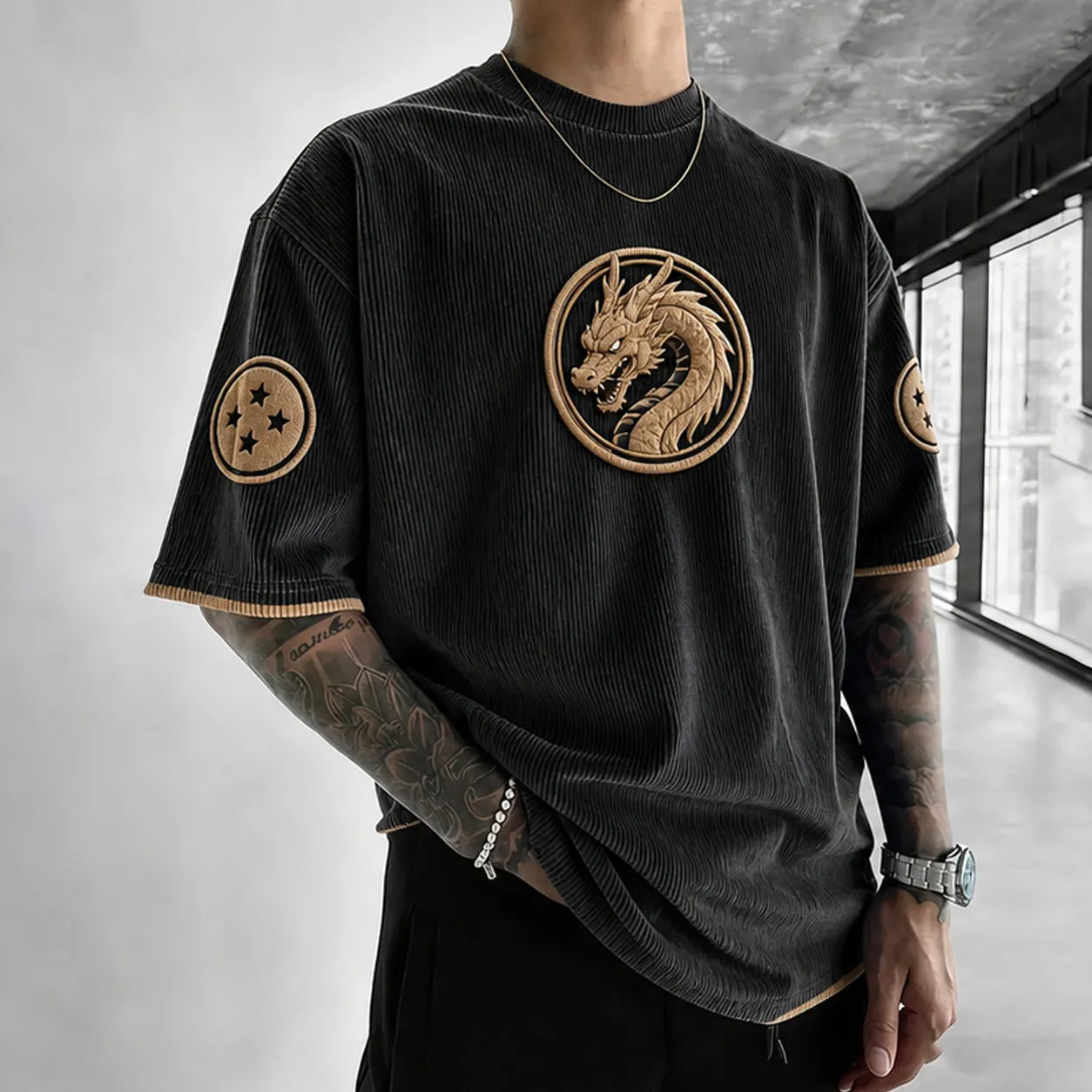 Unisex Anime-Style Retro Corduroy Oversized T-Shirt