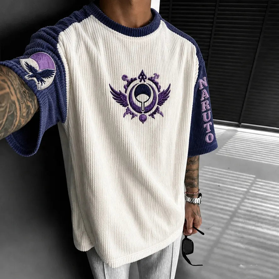 Unisex Oversized Anime-Print Vertical-Stripe Short-Sleeve T-Shirt