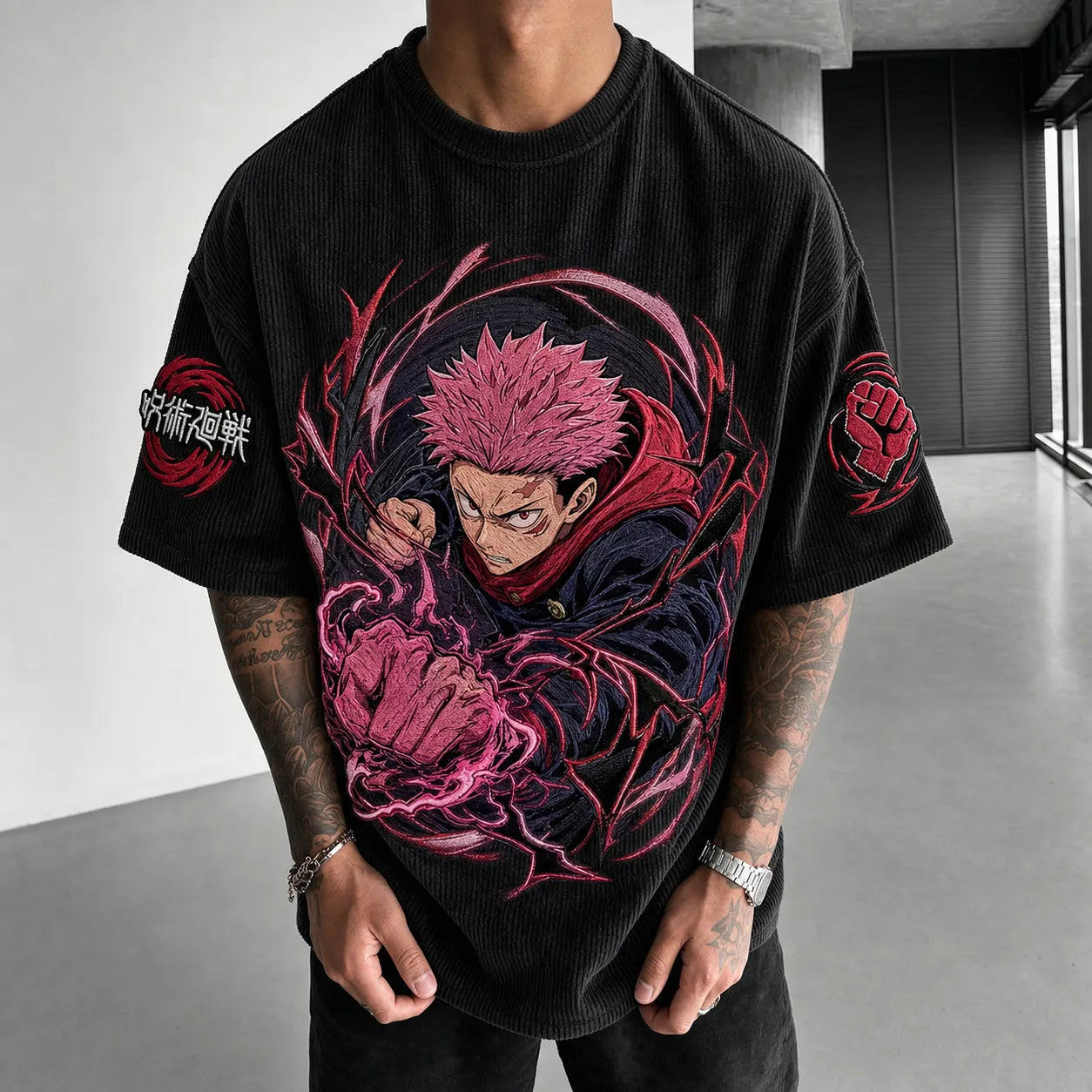 Unisex Anime Print Short-Sleeve Corduroy T-Shirt