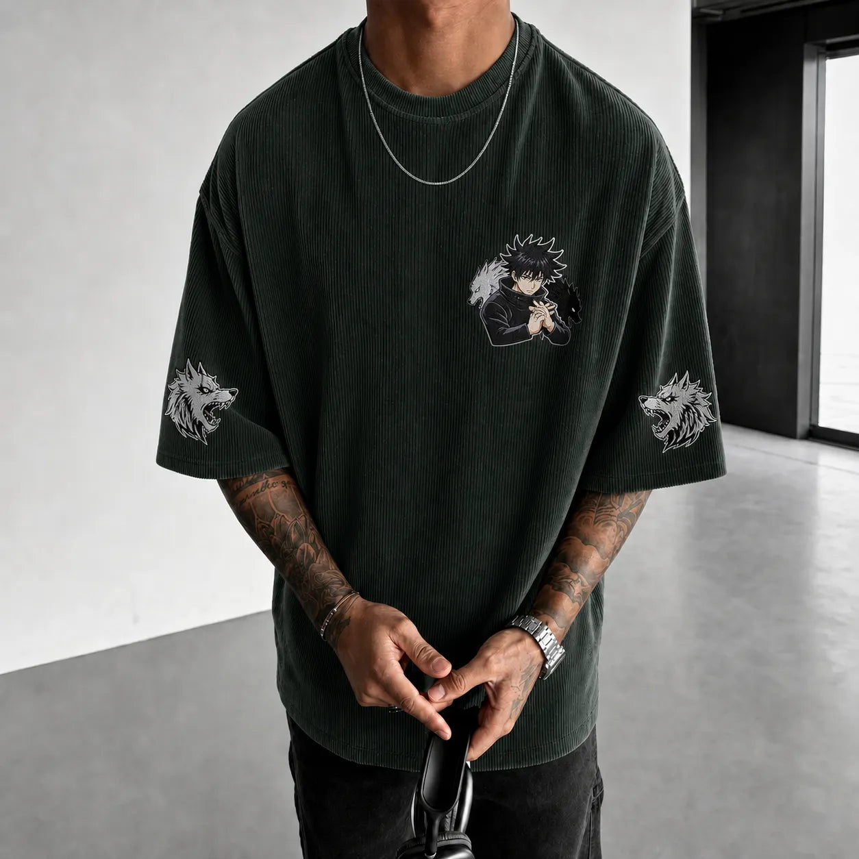 Unisex Anime Print Short-Sleeve Corduroy T-Shirt