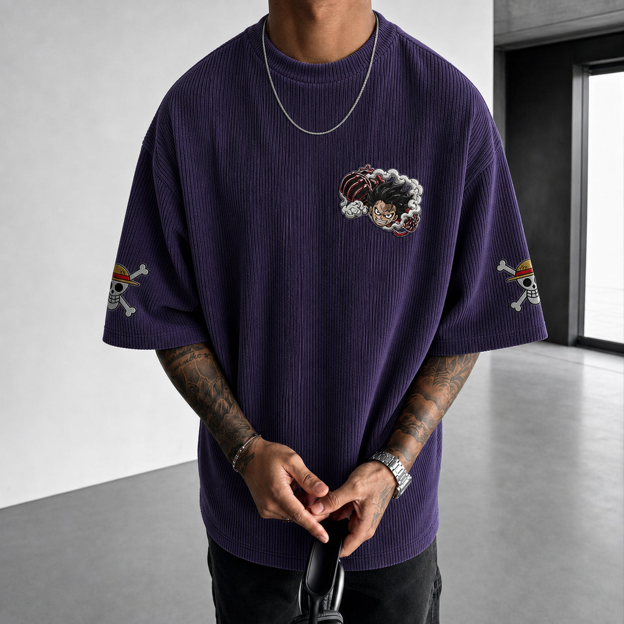 Premium Cotton-Blend Corduroy T-Shirt with Embroidered Patch – Oversized Graphic Tee for Casual Streetwear