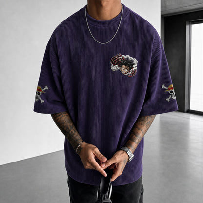 Premium Cotton-Blend Corduroy T-Shirt with Embroidered Patch – Oversized Graphic Tee for Casual Streetwear