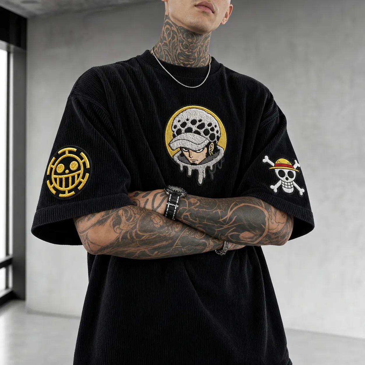 Premium Cotton-Blend Oversized T-Shirt with Embroidered Anime Patches – Streetwear Graphic Tee