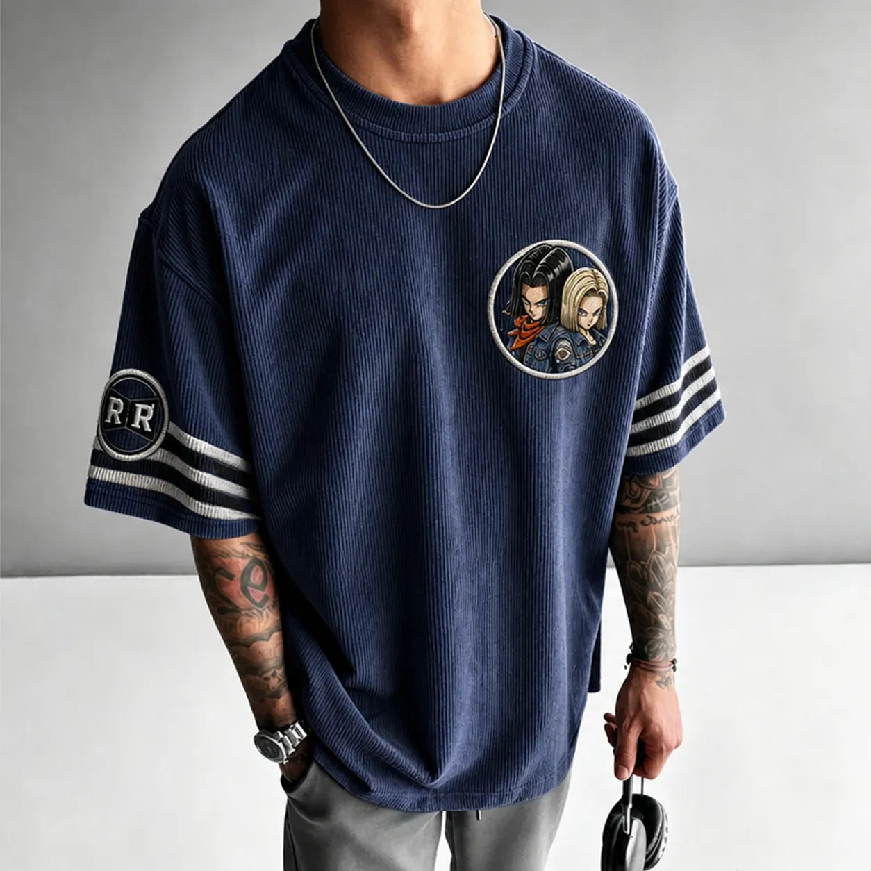 Unisex Anime-Style Retro Corduroy Oversized T-Shirt