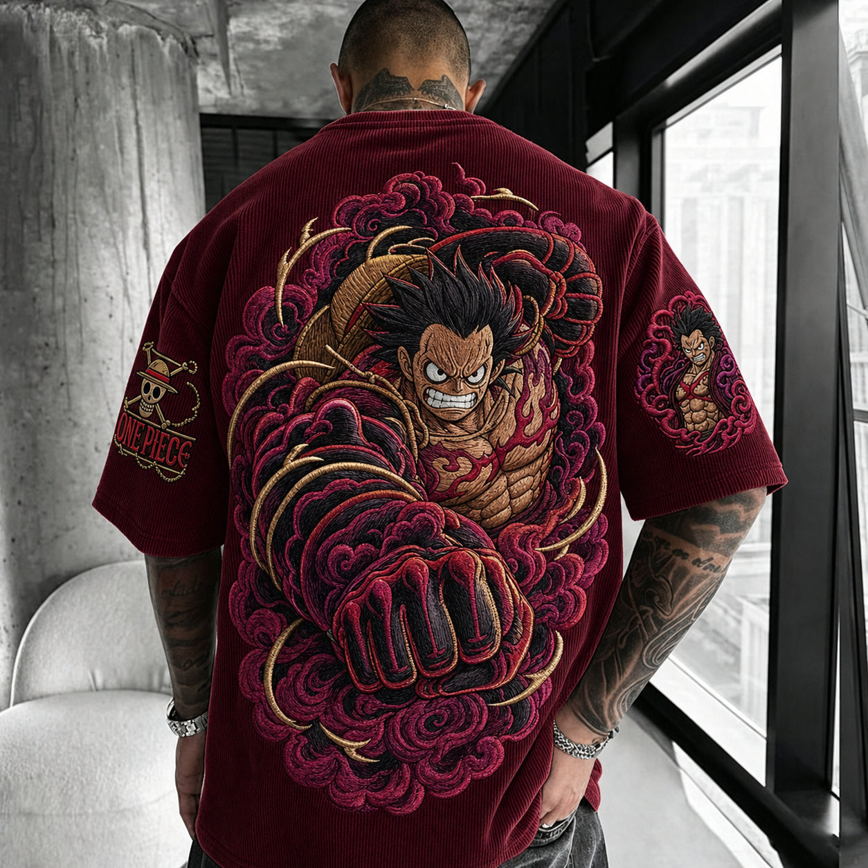 Premium Cotton-Blend Corduroy T-Shirt with Embroidered Luffy Design – Oversized Graphic Tee for Casual Wear