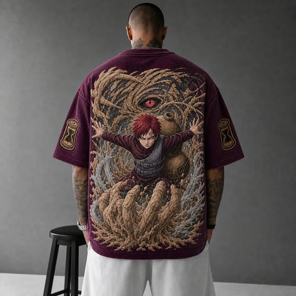 Unisex Oversized Anime-Print Vertical-Stripe Short-Sleeve T-Shirt
