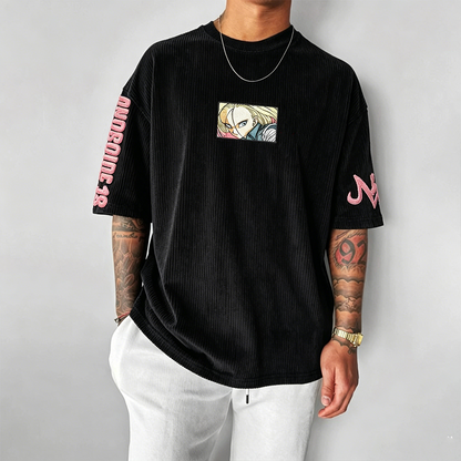 Anime-Inspired Vintage Waffle Knit T-Shirt