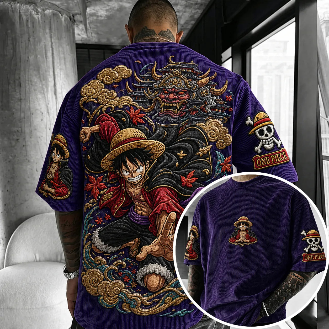 Unisex Anime-Style Retro Corduroy Oversized T-Shirt