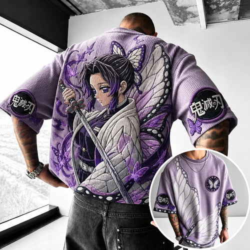Unisex Oversized Anime-Print Vertical-Stripe Short-Sleeve T-Shirt