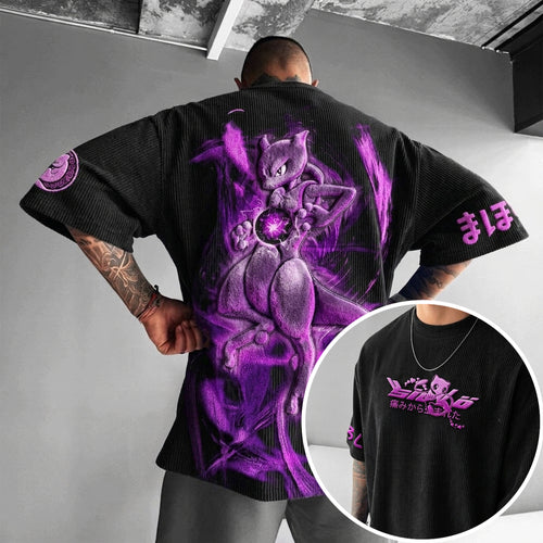 Unisex Anime-Style Retro Corduroy Oversized T-Shirt