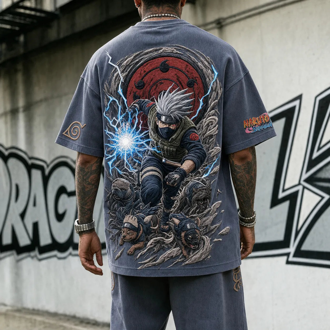 Unisex Oversized Anime-Print Vertical-Stripe Short-Sleeve T-Shirt