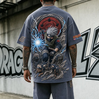 Unisex Oversized Anime-Print Vertical-Stripe Short-Sleeve T-Shirt