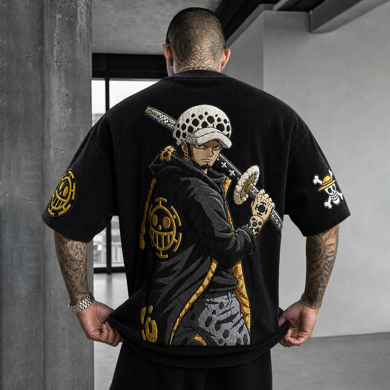 Premium Cotton-Blend Oversized T-Shirt with Embroidered Anime Patches – Streetwear Graphic Tee