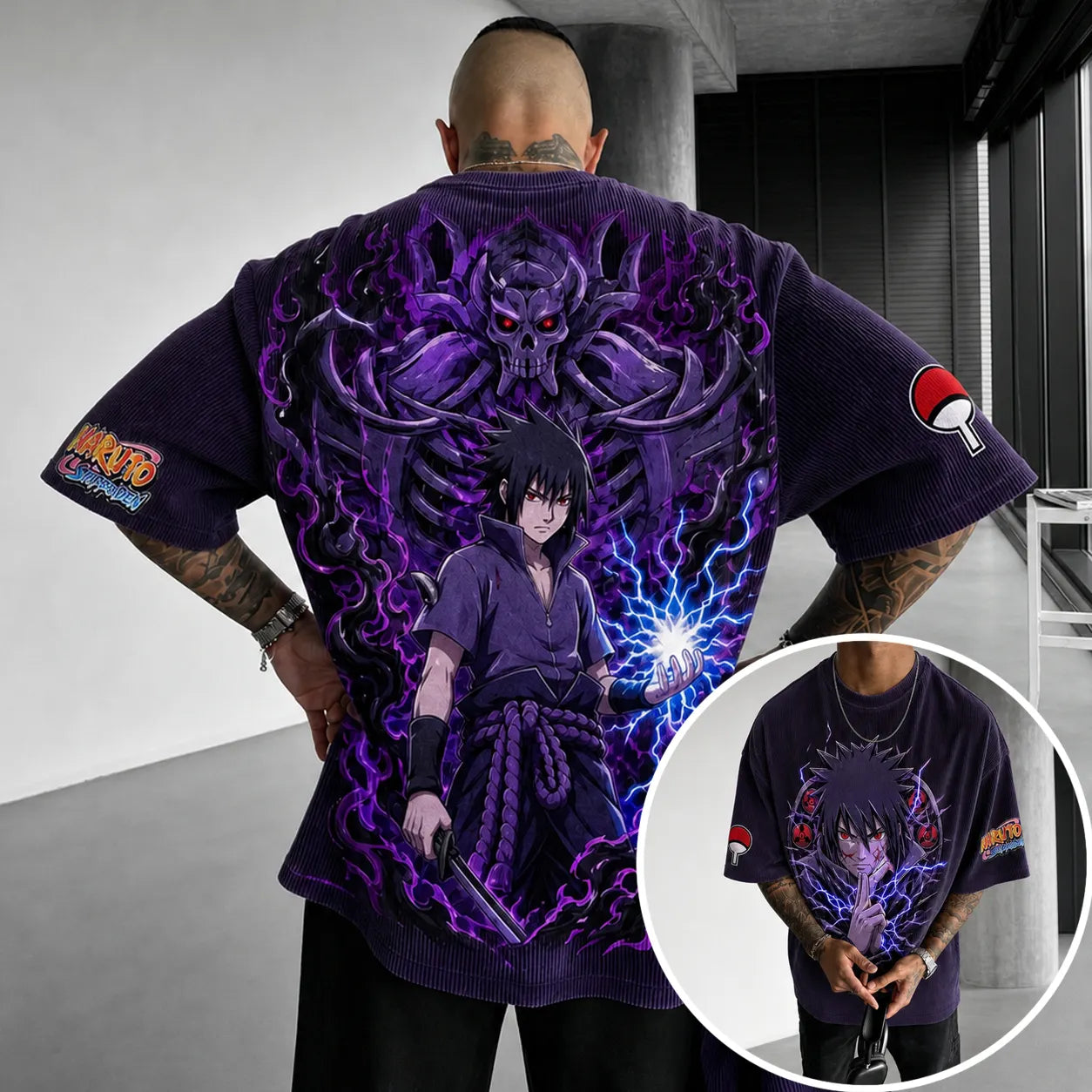 Unisex Oversized Anime-Print Vertical-Stripe Short-Sleeve T-Shirt