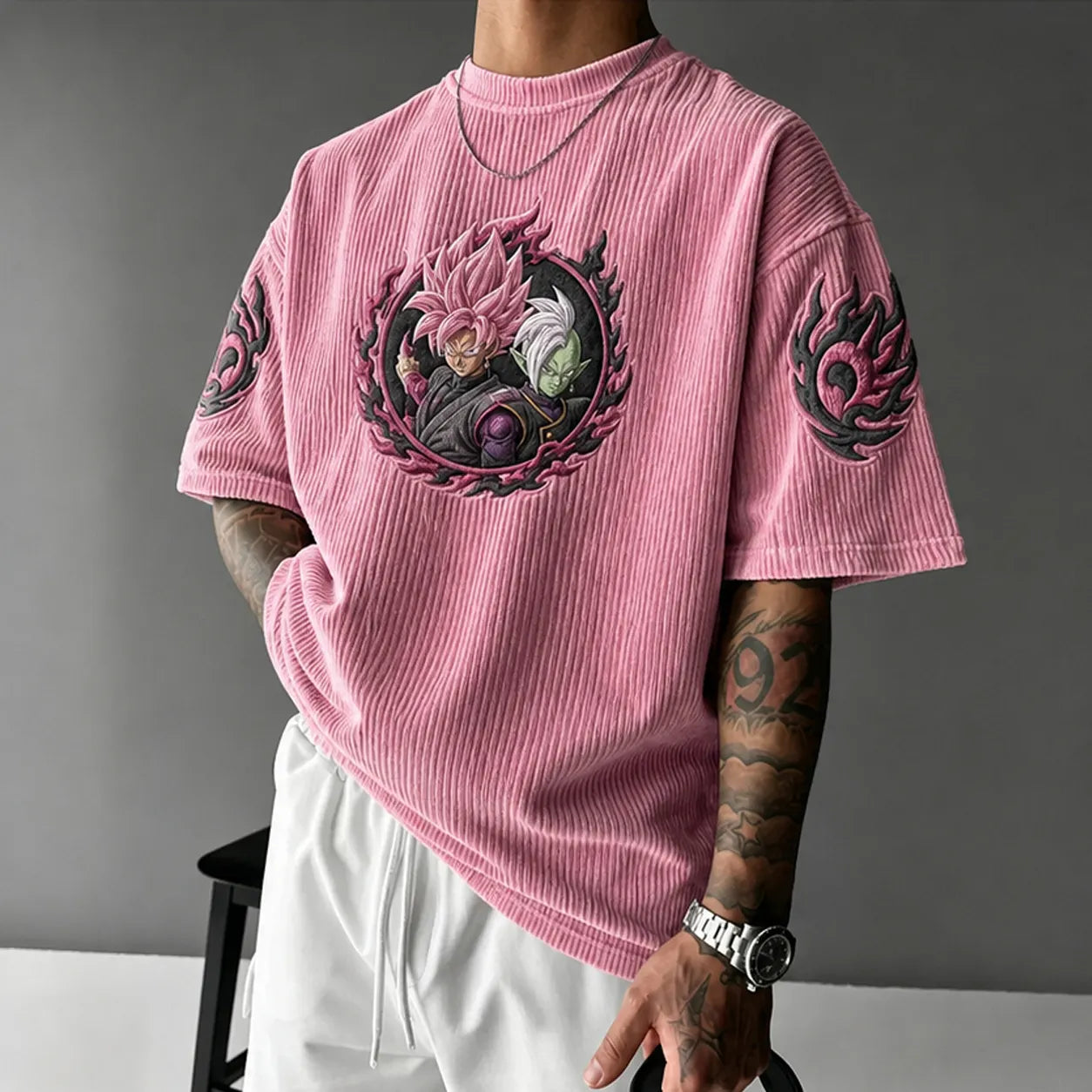 Unisex Anime-Style Retro Corduroy Oversized T-Shirt