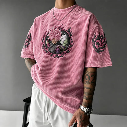 Unisex Anime-Style Retro Corduroy Oversized T-Shirt