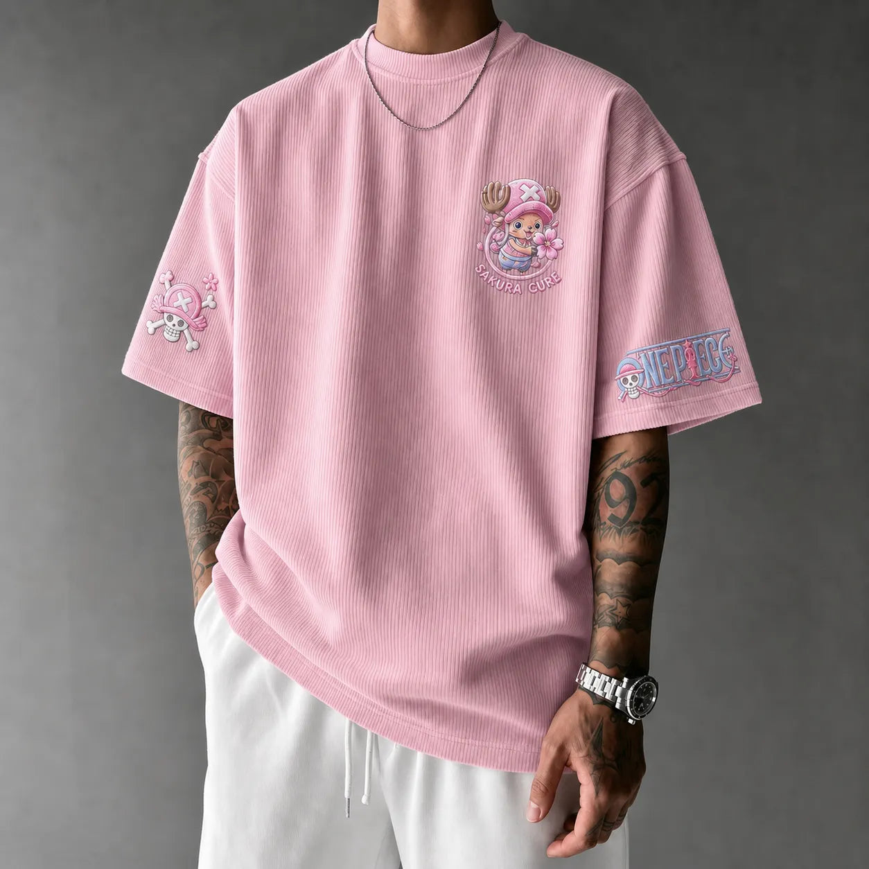 Unisex Short-Sleeve Corduroy T-Shirt With Anime Print
