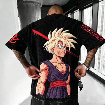 Anime-Inspired Vintage Waffle Knit T-Shirt