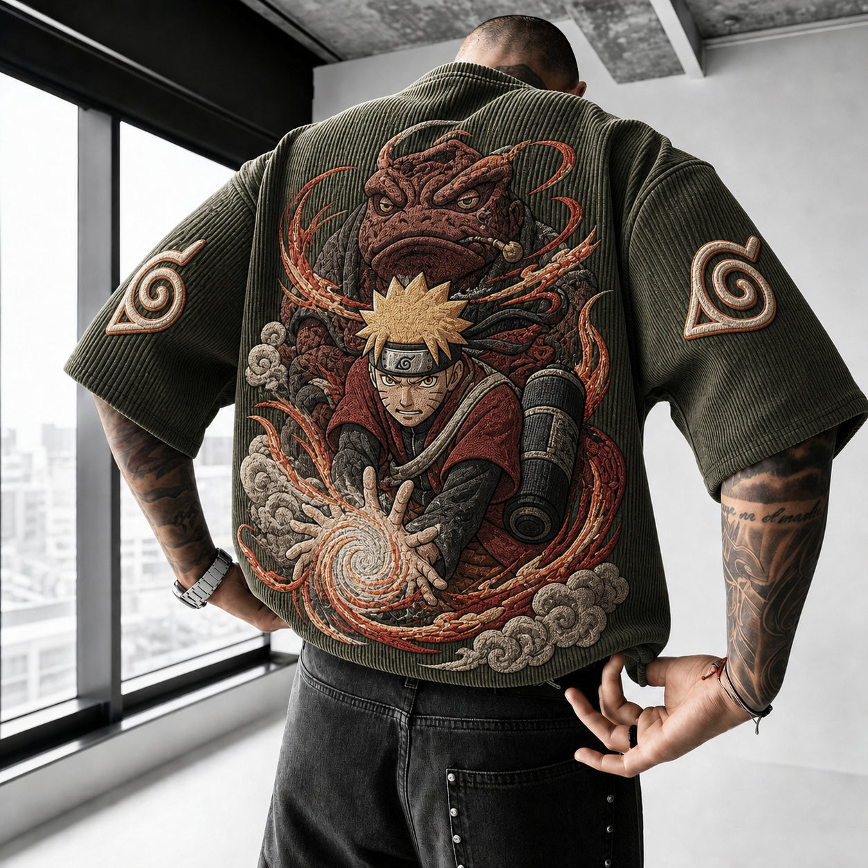 Unisex Oversized Anime-Print Vertical-Stripe Short-Sleeve T-Shirt