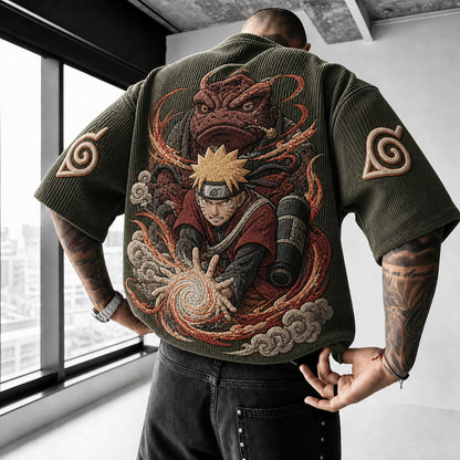Unisex Oversized Anime-Print Vertical-Stripe Short-Sleeve T-Shirt