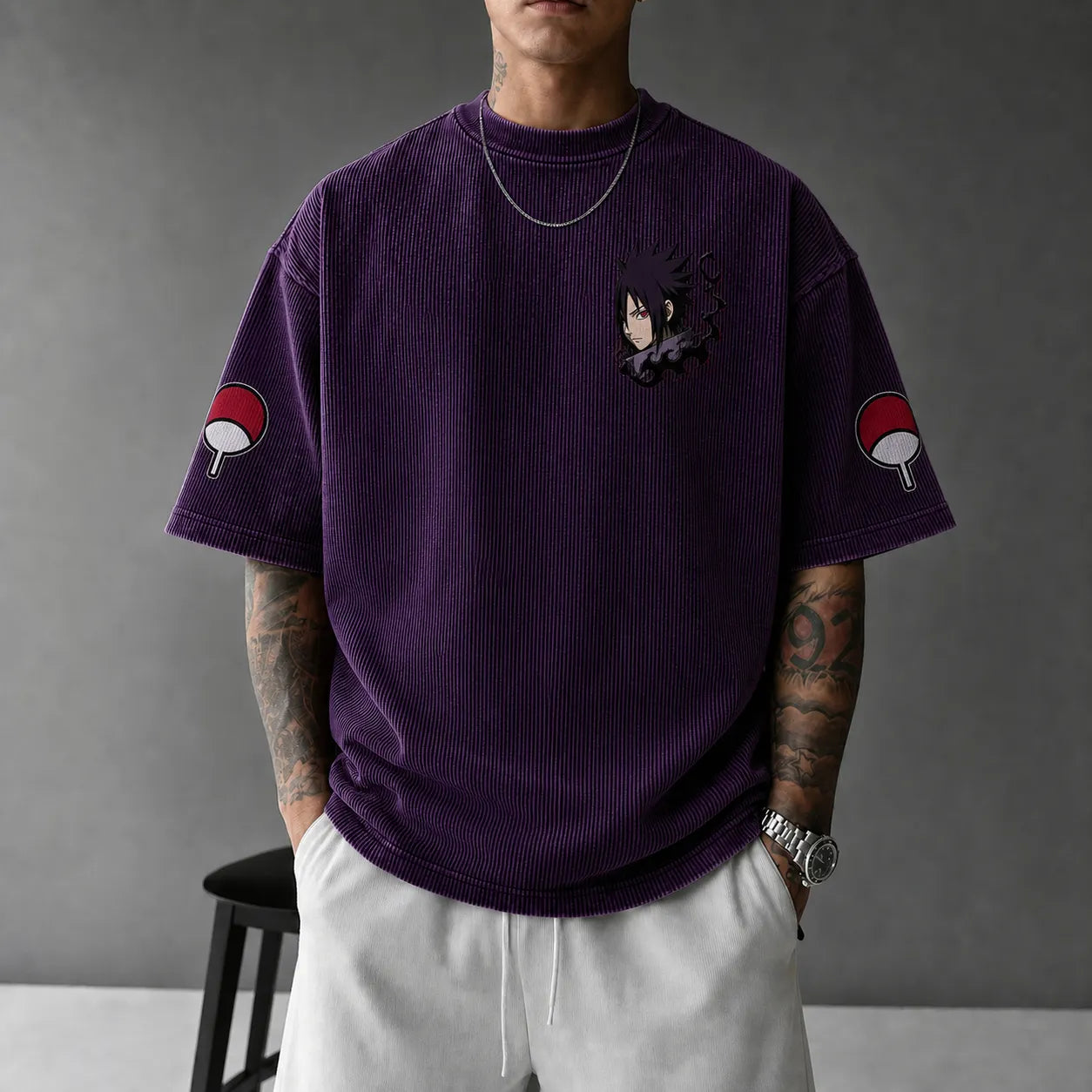 Unisex Oversized Anime-Print Vertical-Stripe Short-Sleeve T-Shirt